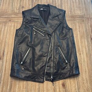 Black, Zara Faux Leather Moto Zip Up Vest.